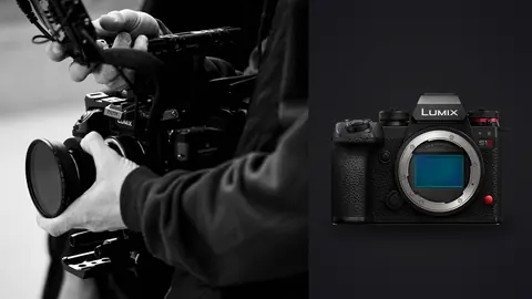 Panasonic LUMIX S1 II product photo beside hands holding a rigged Lumix S-series camera set up for video