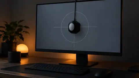 A hardware colorimeter device sitting on a computer monitor screen during a calibration run