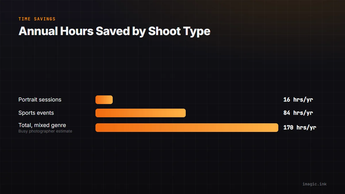 Bar chart of annual hours saved by shoot type: portrait sessions, sports events, and total for a mixed-genre photographer.