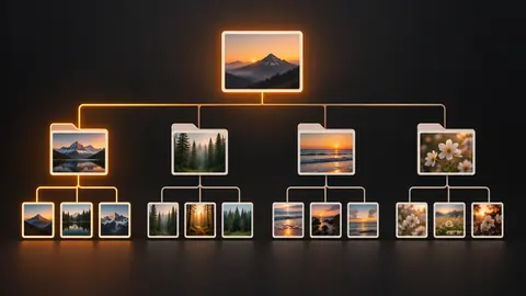A branching tree structure made of small photograph icons, symbolizing an organized folder hierarchy for a photo library.
