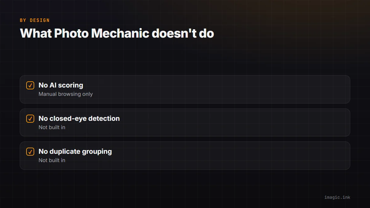 Checklist of what Photo Mechanic does not include: AI scoring, closed-eye detection, duplicate grouping.
