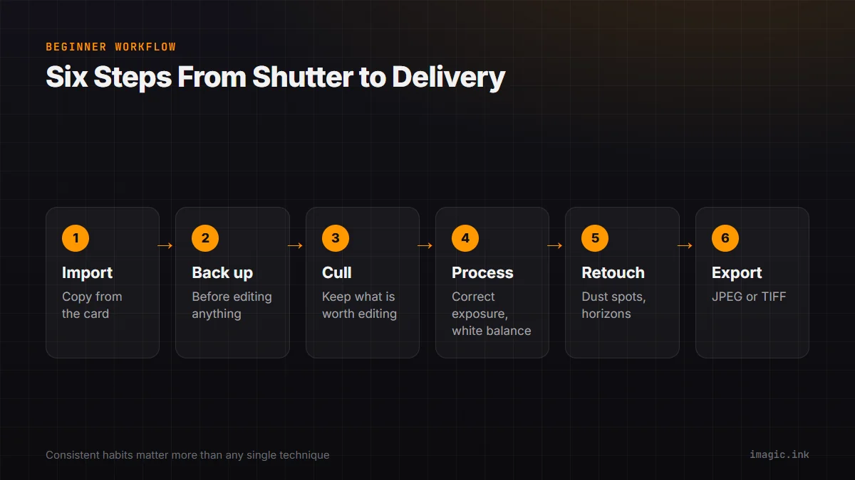 Flow diagram of the six beginner post-processing steps: import, backup, cull, process, retouch, export