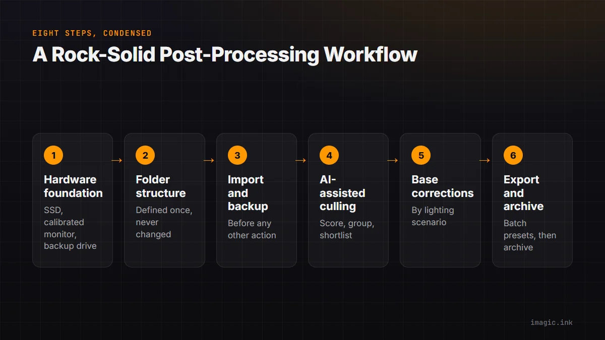 Flow of a six-stage rock-solid photo post-processing workflow from hardware to export and archive.