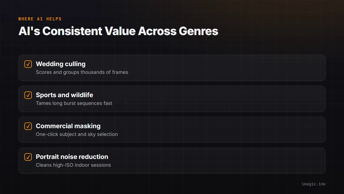 Checklist of four genres where AI delivers the most value: wedding culling, sports and wildlife bursts, commercial masking, and portrait noise reduction.