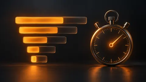 Abstract illustration of a stopwatch beside five bars of varying length representing the stages of a workflow.