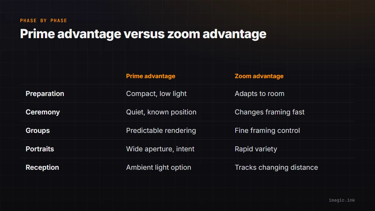 Comparison table of prime versus zoom advantages across wedding phases: preparation, ceremony, groups, portraits, and reception.