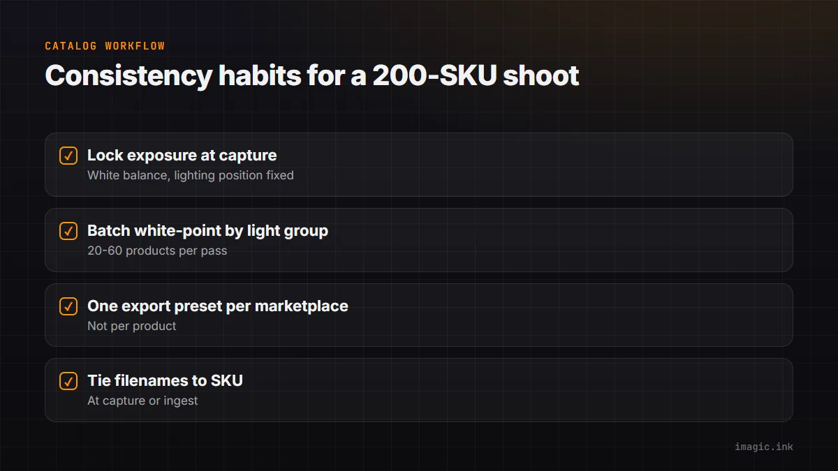 Checklist for consistent 200-SKU catalog shoots: lock exposure at capture, batch white-point correction by lighting group, one export preset per marketplace, tie filenames to SKU numbers from the start.