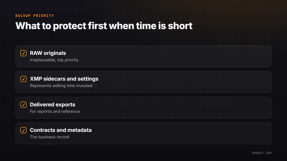 Checklist ranking what to back up first: RAW originals, XMP sidecars, delivered exports, contracts and metadata.