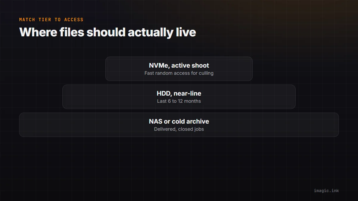 Three-tier diagram matching storage type to access pattern: NVMe for active shoots, HDD for near-line, NAS or cold archive for delivered jobs.