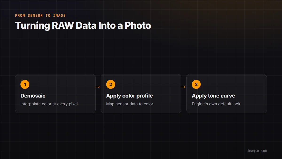 Three-step flow for turning RAW sensor data into a viewable image: demosaic, apply a color profile, apply a tone curve.