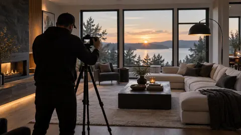 A real estate interior photographer with a tripod-mounted camera bracketing exposures in a bright living room