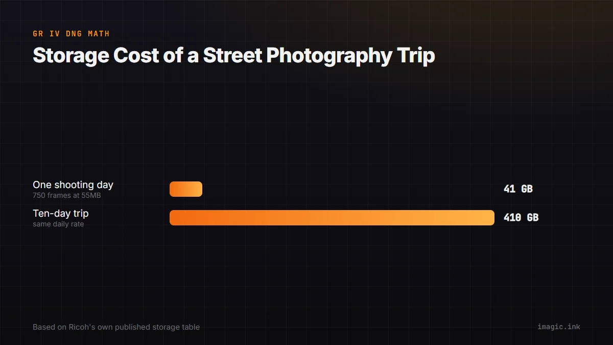 Bar chart comparing card space needed for one shooting day versus a ten-day trip at 55MB per DNG frame