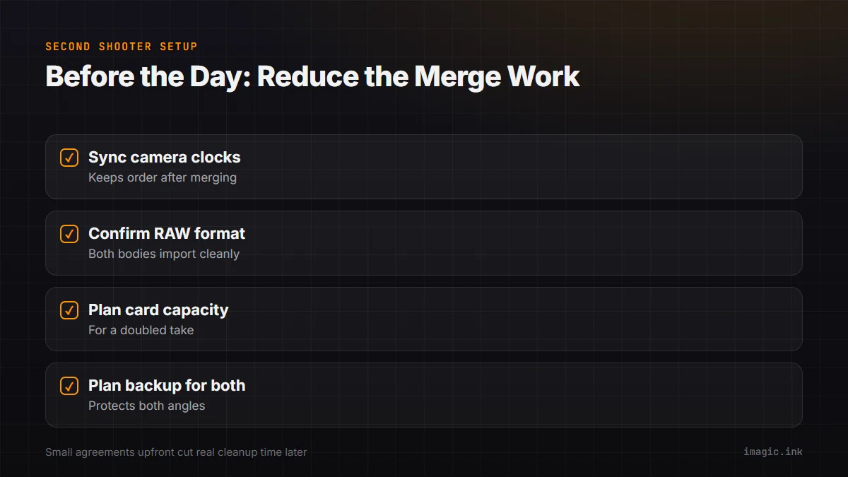 Checklist of agreements to make with a second shooter before the day to reduce merge work afterward