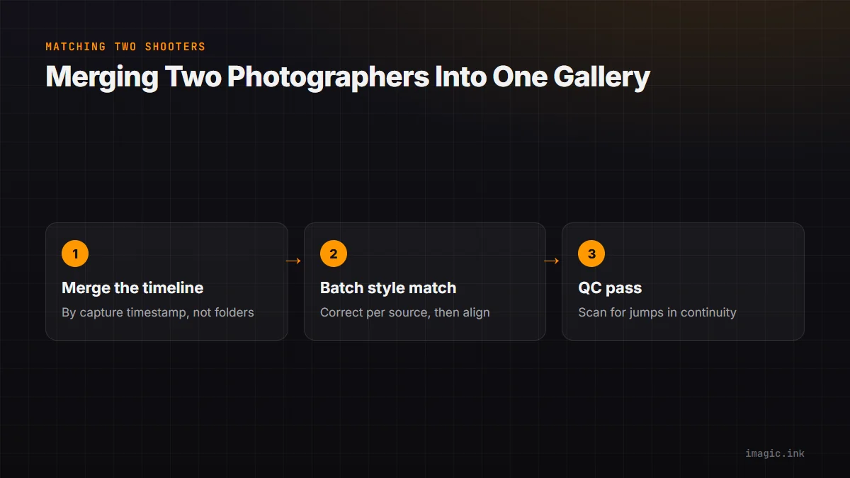 Three-step flow for matching two photographers' wedding files: merge the timeline, batch style match, QC pass for continuity.