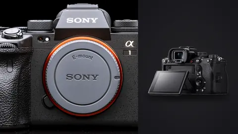 Sony Alpha 1 product photo beside front view of a Sony Alpha 1 mirrorless camera body with lens cap