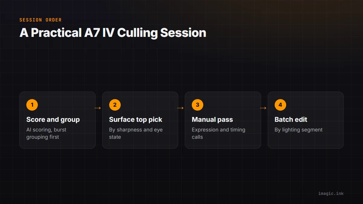 Four-step flow for a Sony A7 IV culling session: score and group, surface the top pick, manual pass on the shortlist, batch edit by segment.