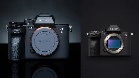 Sony a7R V product photo beside sony A7R V mirrorless camera body studio product shot, front view