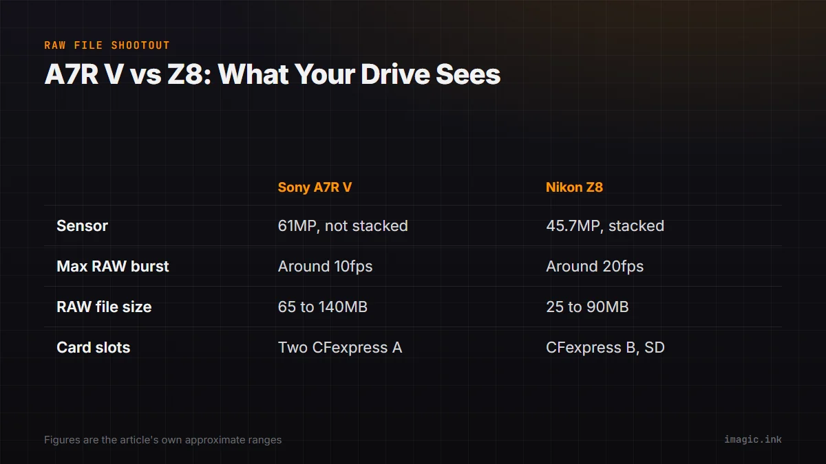 Comparison table of the Sony A7R V and Nikon Z8 across sensor, burst rate, RAW file size, and card slots