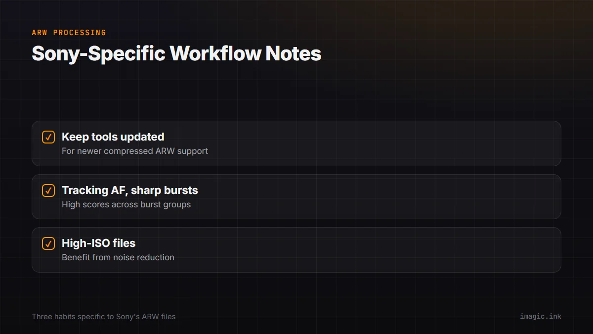 Checklist of three Sony-specific ARW workflow notes: tool updates, burst sharpness, high-ISO noise