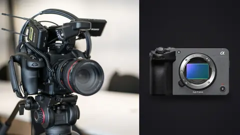 Sony FX5 product photo beside sony cinema camera rig with lens and wireless microphone on a tripod