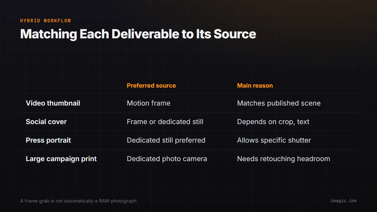 Comparison table matching each still deliverable to its preferred source: motion frame or dedicated photo capture