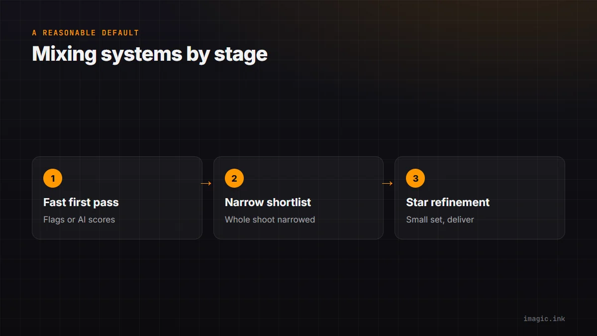 Three-step hybrid selection flow: fast first pass, narrow shortlist, then star-rating refinement on the small remaining set.