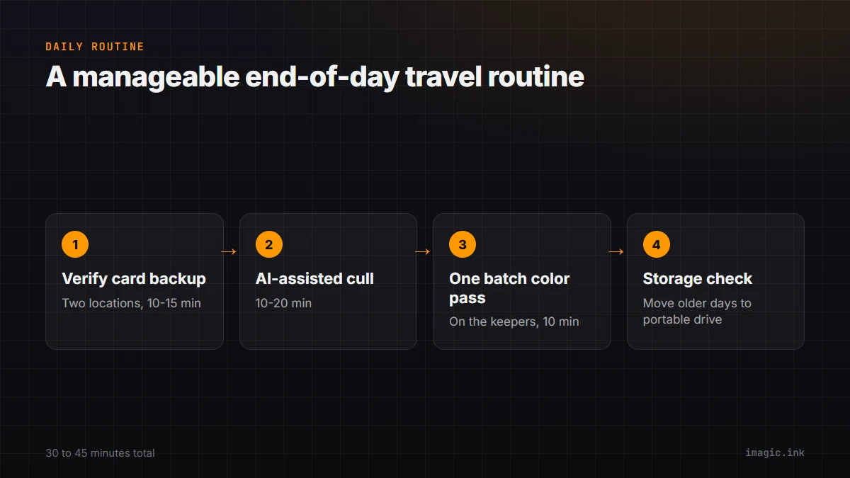 Four-step flow for a travel photography end-of-day routine: verify card backup, AI-assisted cull, one batch color pass, storage check.