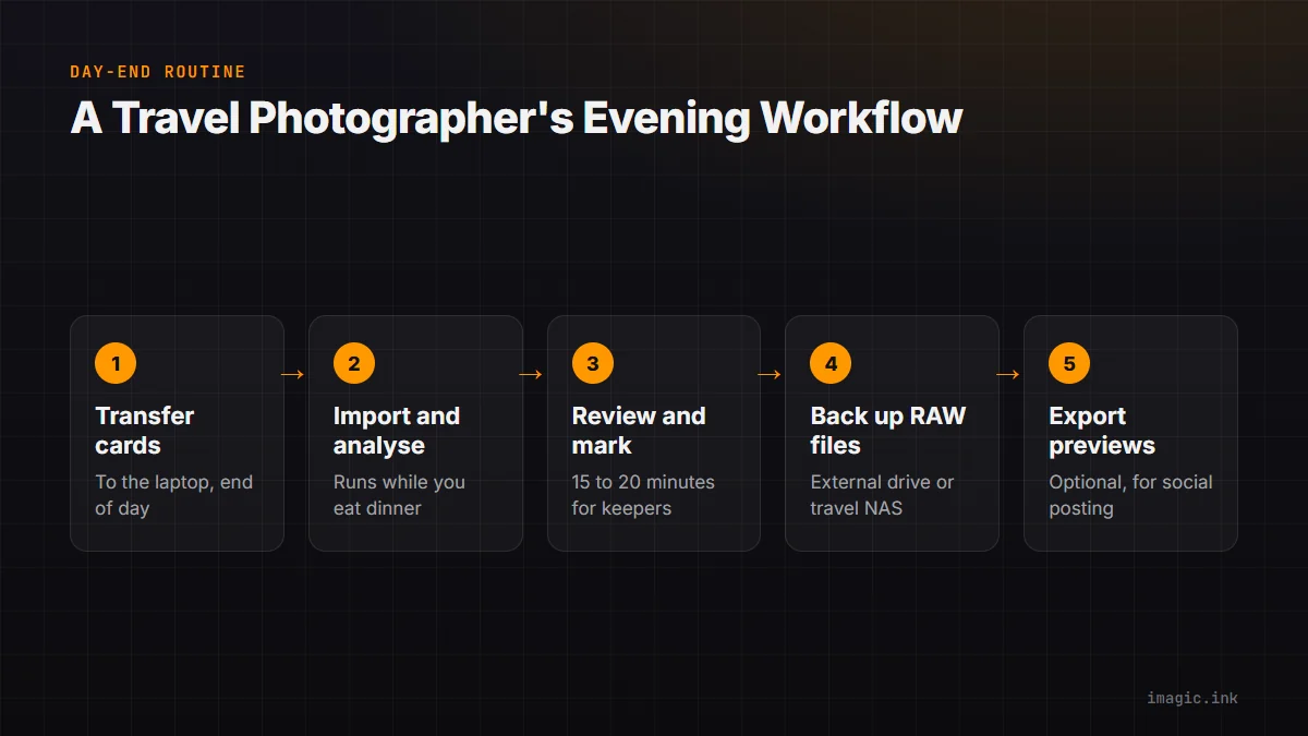 Five-step end-of-day workflow for travel photographers: transfer cards, import and analyse, review keepers, back up RAW files, export previews.