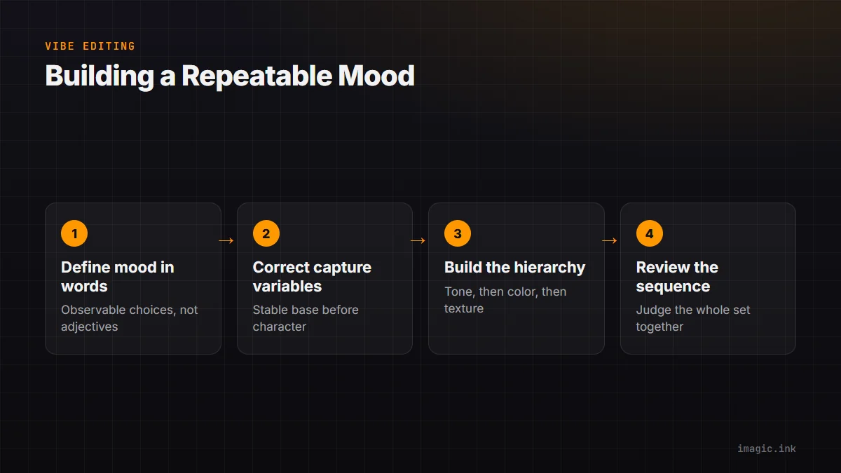 Four-step flow for building a coherent vibe: define the mood, correct capture variables, build the tonal hierarchy, review the sequence.