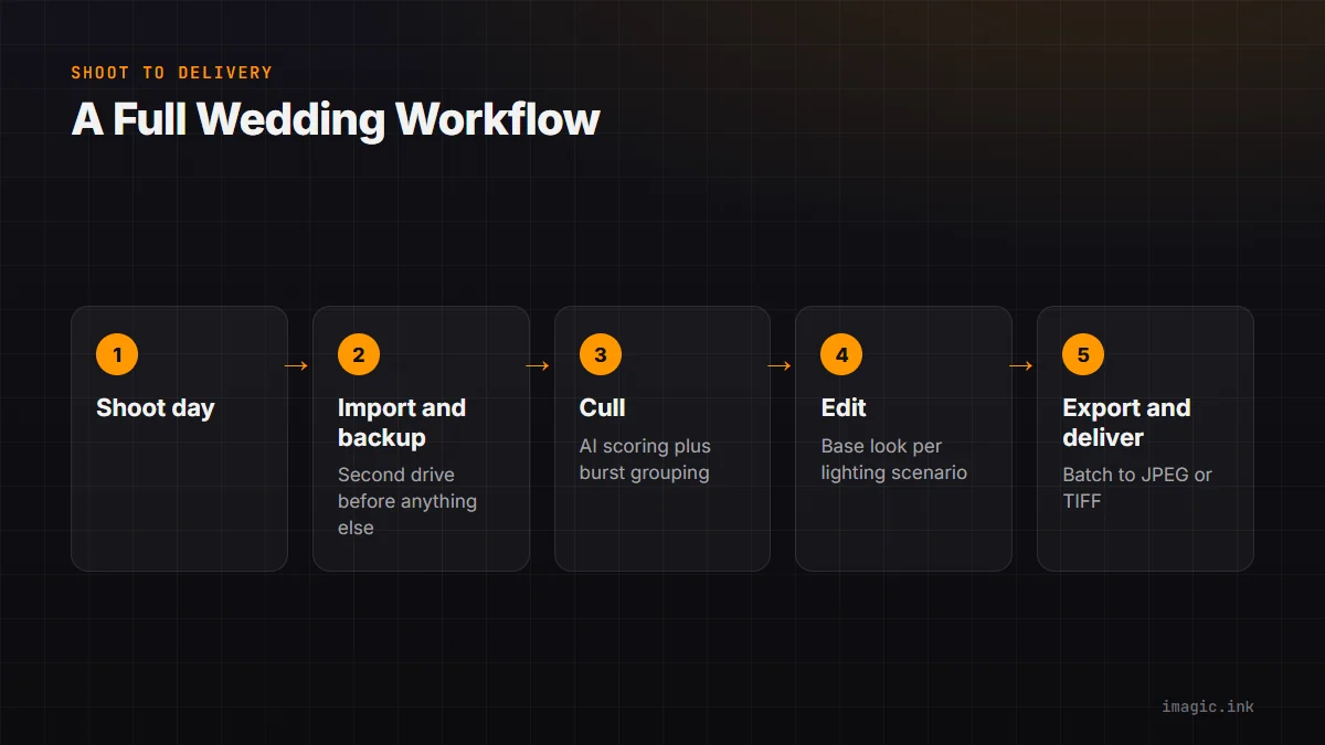 Flow of the full wedding workflow from shoot day to delivery.