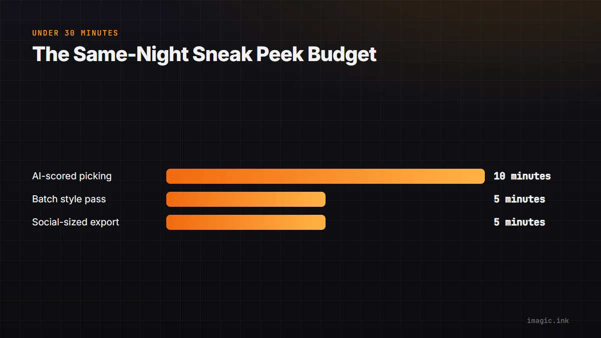 Bar chart of the same-night sneak peek time budget: AI-scored picking, one style pass, and social export, totaling under 30 minutes.