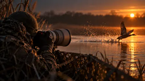 A wildlife photographer with a long telephoto lens tracking a fast-moving subject, the pre-burst shooting this article describes