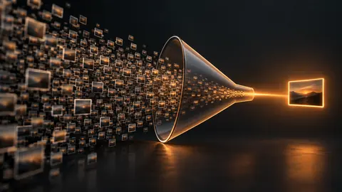 Abstract illustration of thousands of near-identical frames narrowing through a funnel into a single selected frame.