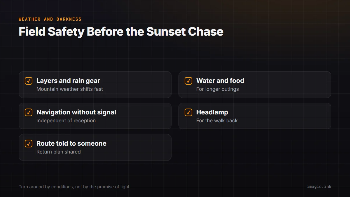 Checklist of field safety essentials before chasing sunset light in Yosemite: layers, water, navigation, headlamp, a shared route