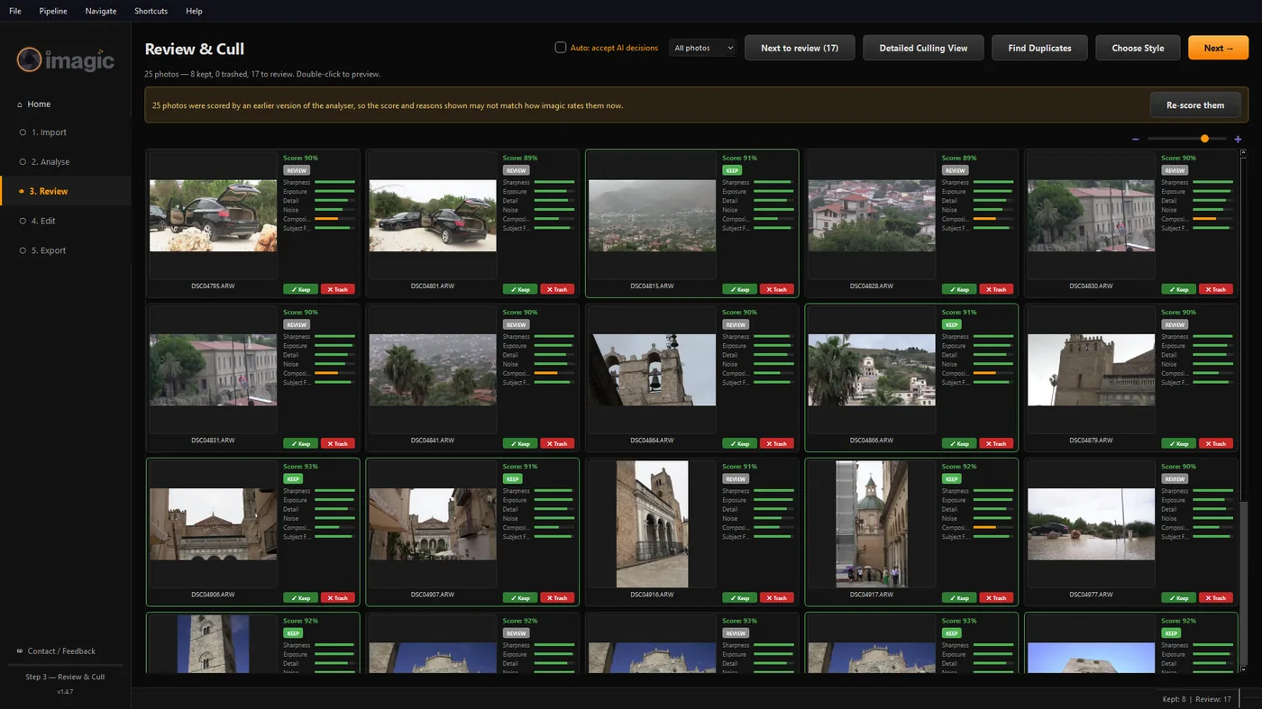 imagic's Review and Cull screen, a grid of photo thumbnails each with an AI score and Keep or Trash buttons