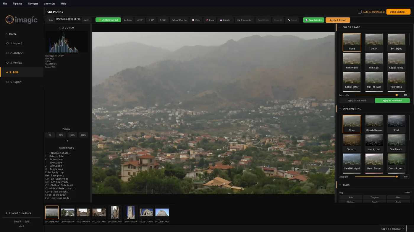 imagic's Edit Photos screen showing a photo with the colour grade panel, white balance and basic sliders on the right