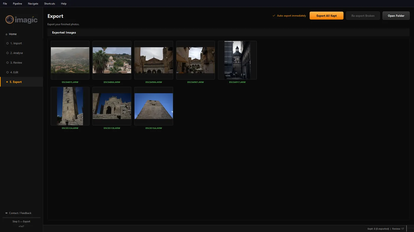 imagic's Export screen showing a grid of exported photo thumbnails after a batch export finished