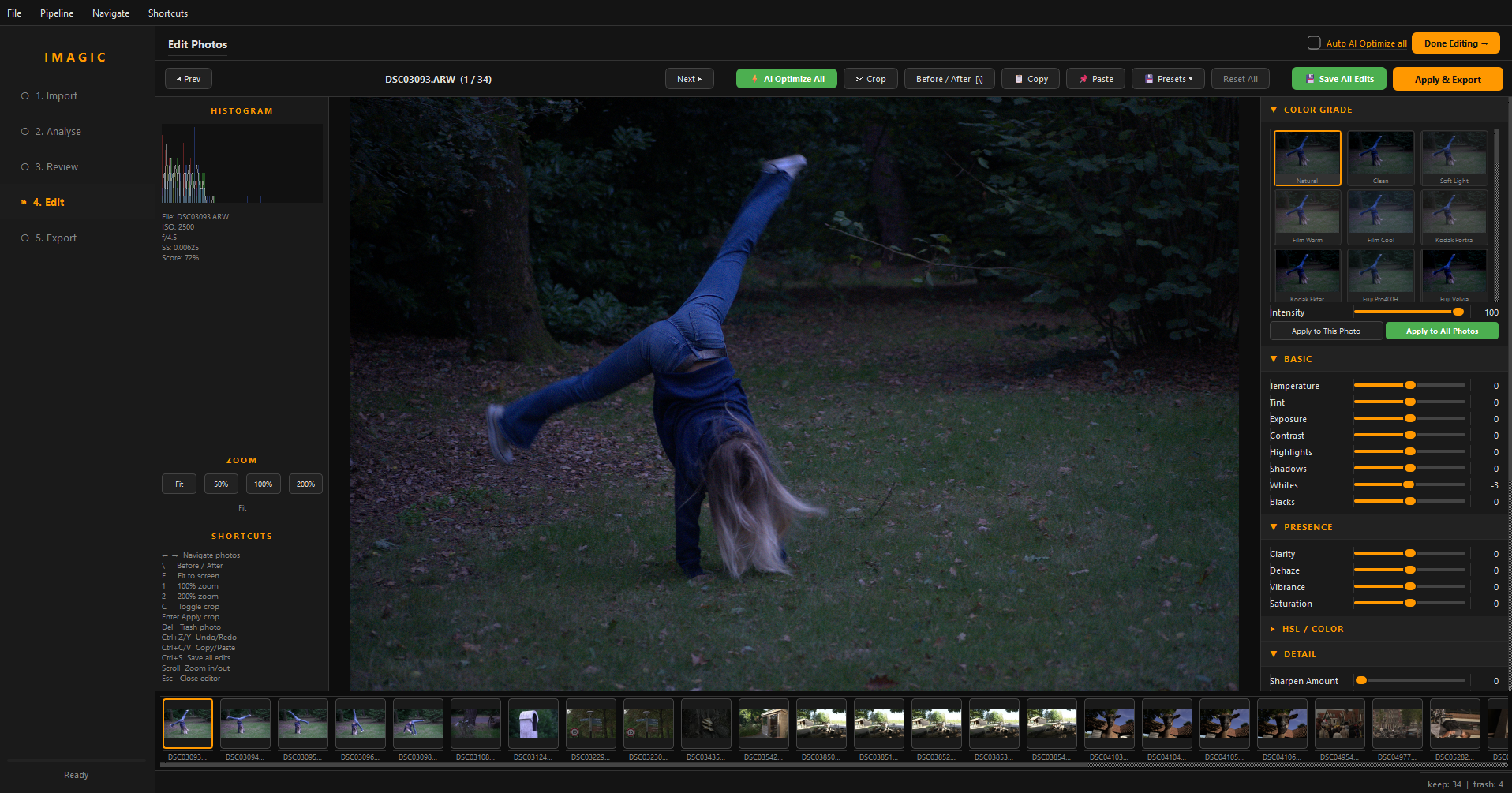 imagic photo editor with color grading, histogram, and adjustment sliders