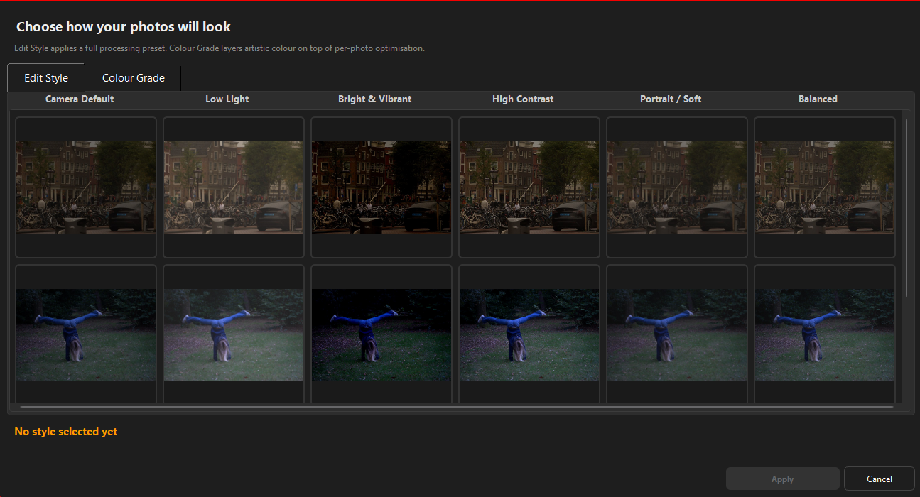 Style Chooser - 6 editing presets with live preview thumbnails